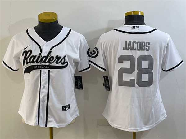 Womens Las Vegas Raiders #28 Josh Jacobs White Silver With Patch Cool Base Stitched Baseball Jersey